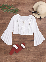 Women V-Neck Lace Up Hollow Pure Color Short T-shirts