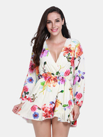 Women V-neck Long Sleeve Floral Printed Jumpsuit