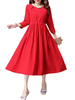 Women Vintage 3/4 Sleeve O Neck Plate Buttons Pure Color Dress