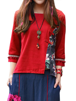 Women Vintage 3/4 Sleeve Plate Buckle O-Neck T-shirts