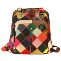 Women Vintage Contrast Color Backpack Ladies Genuine Leather Retro Bag