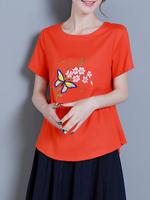 Women Vintage Embroidered Short Sleeve O-Neck T-shirts