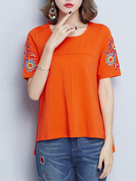 Women Vintage Embroidered Short Sleeve Side Split T-shirts