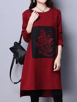 Women Vintage Embroidery Long Sleeve Side Split Cotton Dresses