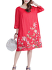 Women Vintage Embroidery Loose O-Neck Half Sleeve Knee Dresses