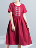 Women Vintage Embroidery O-Neck Short Sleeve Casual Dresses