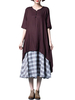 Women Vintage Fake Two Pieces Short Sleeve Plaid Knit Long Maxi Dress