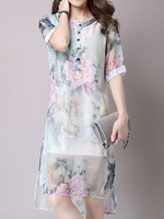 Women Vintage Floal Printed Fake Two Pieces Chiffon Dresses