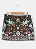 Women Vintage Floral Embroidery A-line High Waist Mini Skirt