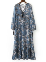 Women Vintage Floral Print Loose V-neck Long Sleeve Maxi Dress