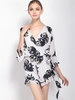 Women Vintage Floral Printed Bowknot Three Quarter Sleeve V-neck Jumpsuit
