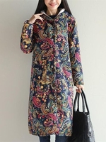 Women Vintage Floral Printed Hooded Single Breasted Long Sleeve Coats