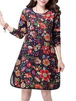 Women Vintage Floral Printed Side Split Long Sleeve A-Line Dresses