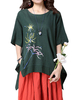 Women Vintage Flower Printed Linen Cotton T-Shirt