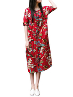 Women Vintage Flower Printing Short-Sleeve Loose Dress