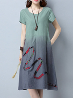Women Vintage Gradient Patchwork Short Sleeve Dresses