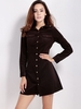 Women Vintage High Waist Long Sleeve Turn Down Collar Dress