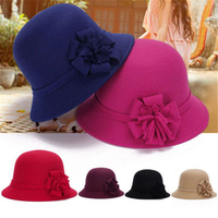 Women Vintage Imitation Wool Flower Felt Hat Winter Cloche Bucket Cap