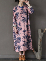 Women Vintage Ink Painting Mandarin Collar Long Sleeve Dresses