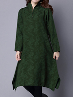 Women Vintage Jacquard Stand Collar Irregular Hem Dresses