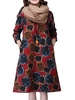 Women Vintage Linen Printed Long Sleeve O-Neck Midi Dress