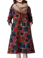 Women Vintage Linen Printed Long Sleeve O-Neck Midi Dress