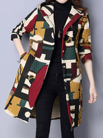 Women Vintage Long Sleeve Hooded Printed Pocket Cotton Trench Coat