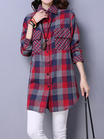 Women Vintage Long Sleeve Lapel Plaid Pocket Irregular Blouses