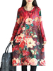 Women Vintage Loose Printed O-Neck Long Sleeve Midi Dress