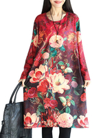 Women Vintage Loose Printed O-Neck Long Sleeve Midi Dress