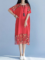 Women Vintage Patchwork Short Sleeve Loose Chiffon Dresses