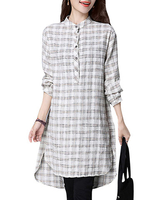 Women Vintage Plaid Long Sleeve Side Split Shirt Dresses