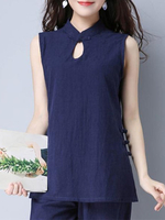 Women Vintage Plate Buckle Sleeveless Pure Color Tank Tops