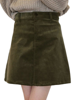 Women Vintage Pocket Button Pure Color High Waist A-Line Corduroy Skirt