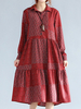 Women Vintage Print Loose Long Sleeve Turn Down Collar Dress