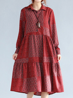 Women Vintage Print Loose Long Sleeve Turn Down Collar Dress
