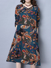Women Vintage Printed Folk Frog Pocket Long Sleeve Dress