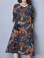 Women Vintage Printed Folk Frog Pocket Long Sleeve Dress