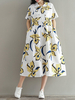 Women Vintage Printed Lapel Short Sleeve Buttons Pocket Dresses