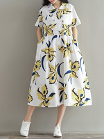 Women Vintage Printed Lapel Short Sleeve Buttons Pocket Dresses
