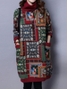 Women Vintage Printed Long Sleeve Turtleneck Pocket Cotton Warm Dresses