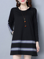 Women Vintage Printed Patchwork Long Sleeve O Neck Dress