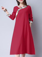 Women Vintage Printed Patchwork Long Sleeve Spring Dresses