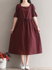 Women Vintage Pure Color Short Sleeve Drawstring Dresses
