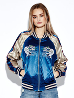 Women Vintage Satin Carp Embroidered Stand collar Baseball Coat