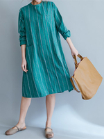 Women Vintage Stripe Long Sleeve Pocket Loose Dresses