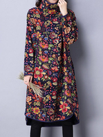 Women Vintage Turtleneck Long Sleeve Floral Printed Irregular Thicken Dresses