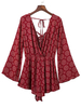 Women Vintage V-neck Floral Bandage Loose Long Sleeve Jumpsuit