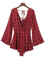 Women Vintage V-neck Floral Bandage Loose Long Sleeve Jumpsuit