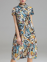 Women Vintage Violin Printed Loose Mandarin Collar Short Sleeve Dresses